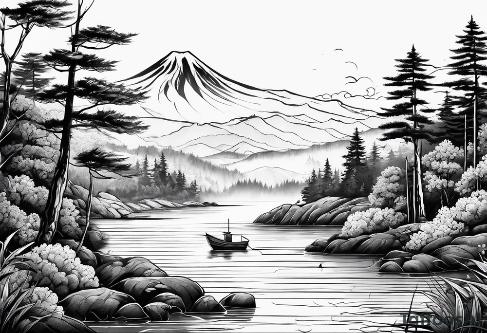 landscape and fishingpole and line with hook tattoo idea
