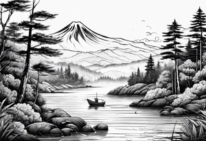 landscape and fishingpole and line with hook tattoo idea