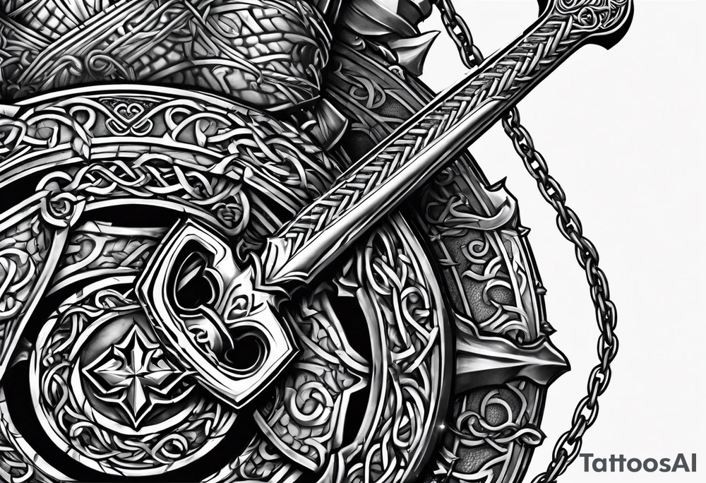 Valhalla sword round shield axe barbed wire chains tattoo idea