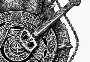 Valhalla sword round shield axe barbed wire chains tattoo idea