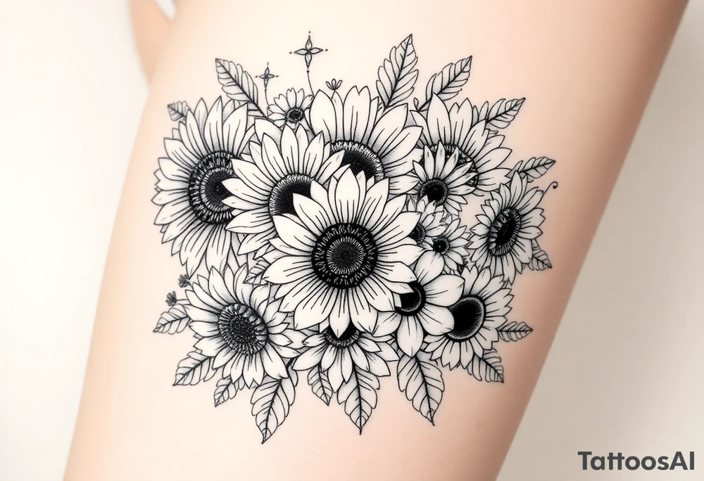 Bouquet of sunflowers, water Lillies, dahlias, marigolds, carnations, hydrangeas, daisys, and chrysanthemums tattoo idea