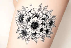 Bouquet of sunflowers, water Lillies, dahlias, marigolds, carnations, hydrangeas, daisys, and chrysanthemums tattoo idea