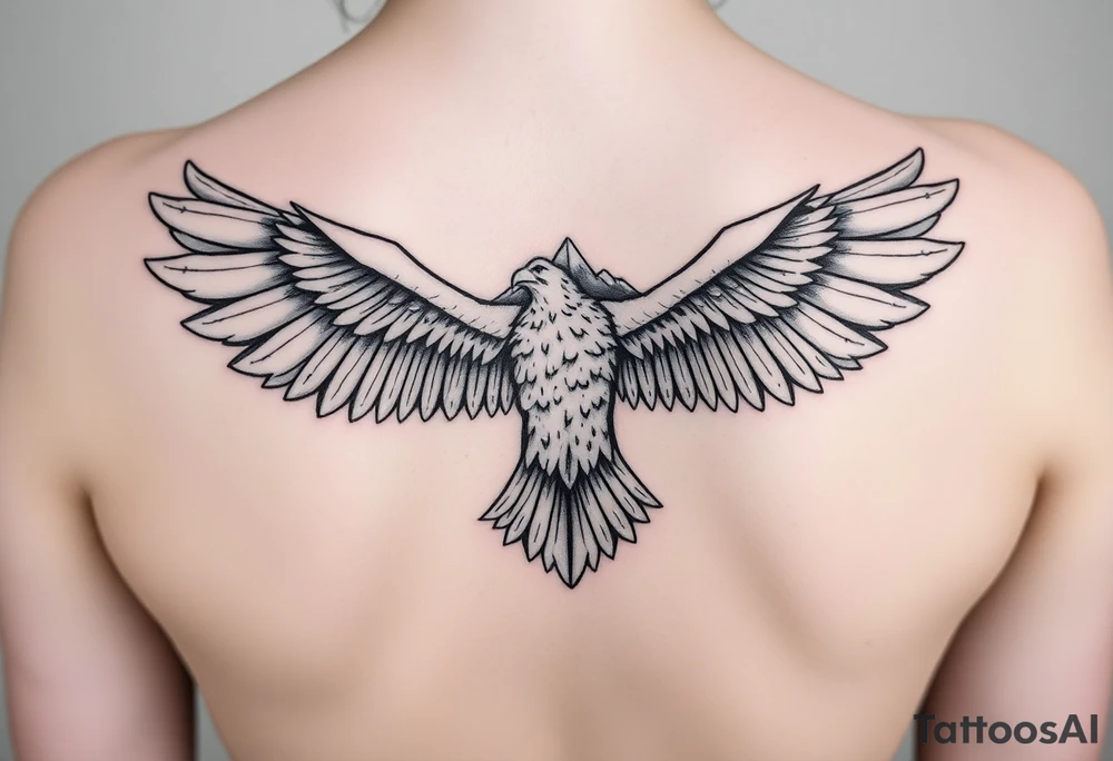 majestic eagle spreading wings against mountain peaks tattoo idea