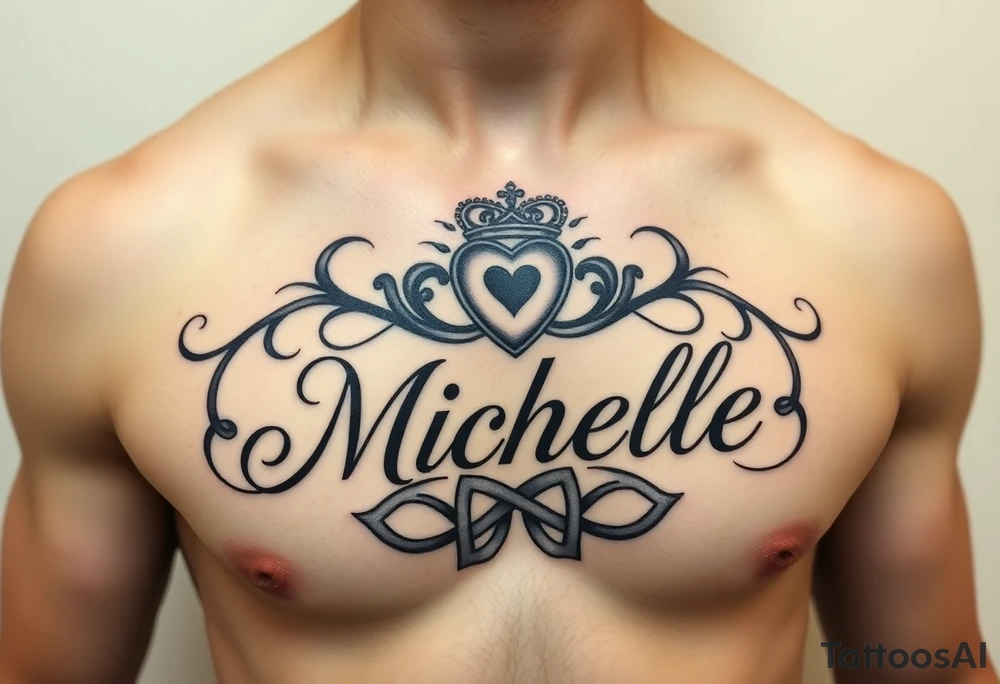 Design a tattoo for a man’s chest of a woman’s name (Michelle). There should be a claddagh and a Celtic knot entertwined. The bane Michelle should be in calligraphy tattoo idea