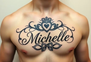 Design a tattoo for a man’s chest of a woman’s name (Michelle). There should be a claddagh and a Celtic knot entertwined. The bane Michelle should be in calligraphy tattoo idea