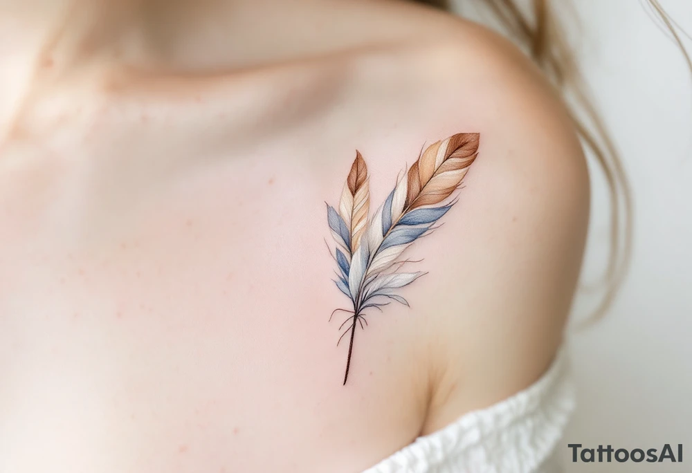 A soft, airy D made from layered feathers in white, soft brown, and dusty blue tones. tattoo idea