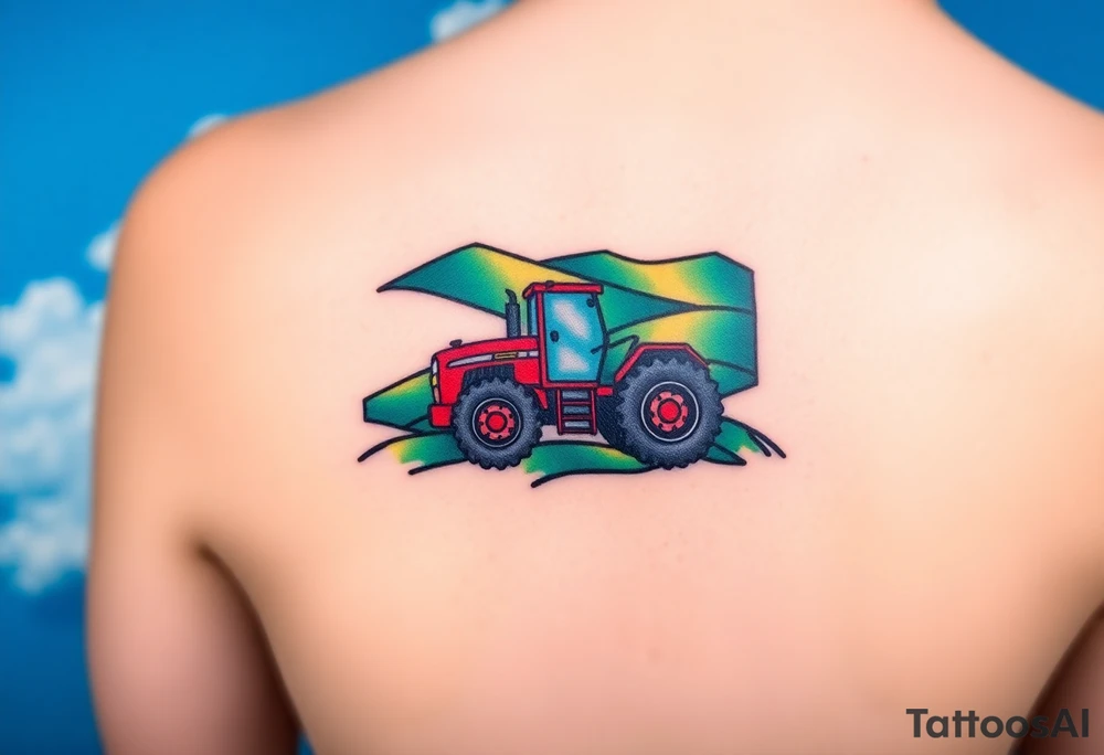 A tractor surrounded by rolling green hills, under a bright blue sky with white fluffy clouds tattoo idea