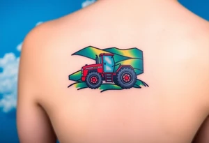 A tractor surrounded by rolling green hills, under a bright blue sky with white fluffy clouds tattoo idea