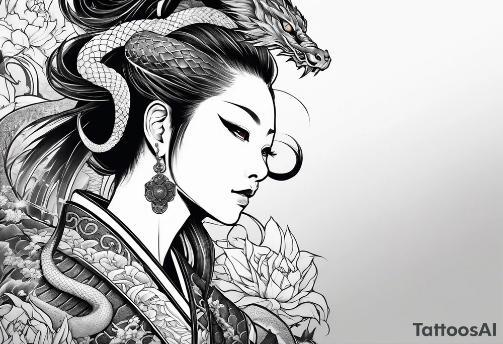 Japanese samurai -style tattoo with snake demons tattoo idea