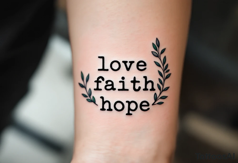 Minimalist black typewriter font love faith hope surrounded by delicate olive branches in deep green. tattoo idea