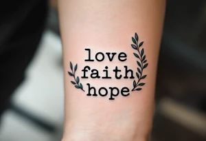 Minimalist black typewriter font love faith hope surrounded by delicate olive branches in deep green. tattoo idea