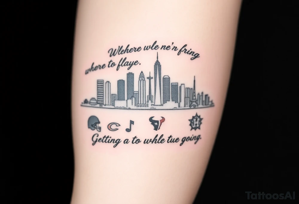 I want you to create me a tattoo that says “don’t forget where you come from” and under that I want to Cleveland skyline the Cleveland Cavaliers logo, the Cleveland Browns logo and the Cleveland Indians logo underneath that I want it to say “getting to where you’re going” and under that I want the Houston skyline and behind the Houston skyline I want The Houston Rockets, the Houston, Texans and the Houston Astros logos tattoo idea