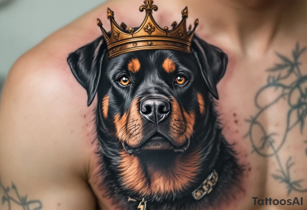 Rottweiler with Crown – A proud black and tan Rottweiler wearing a worn gold crown, symbolizing loyalty and strength. Hyper-realistic fur texture with warm amber eye details. tattoo idea