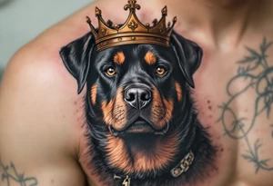 Rottweiler with Crown – A proud black and tan Rottweiler wearing a worn gold crown, symbolizing loyalty and strength. Hyper-realistic fur texture with warm amber eye details. tattoo idea