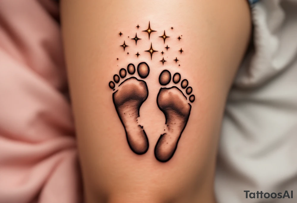 Warm brown and cream footprints of Michaela, with tiny twinkling stars above, representing her bright, guiding light. tattoo idea