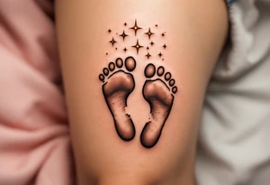 Warm brown and cream footprints of Michaela, with tiny twinkling stars above, representing her bright, guiding light. tattoo idea