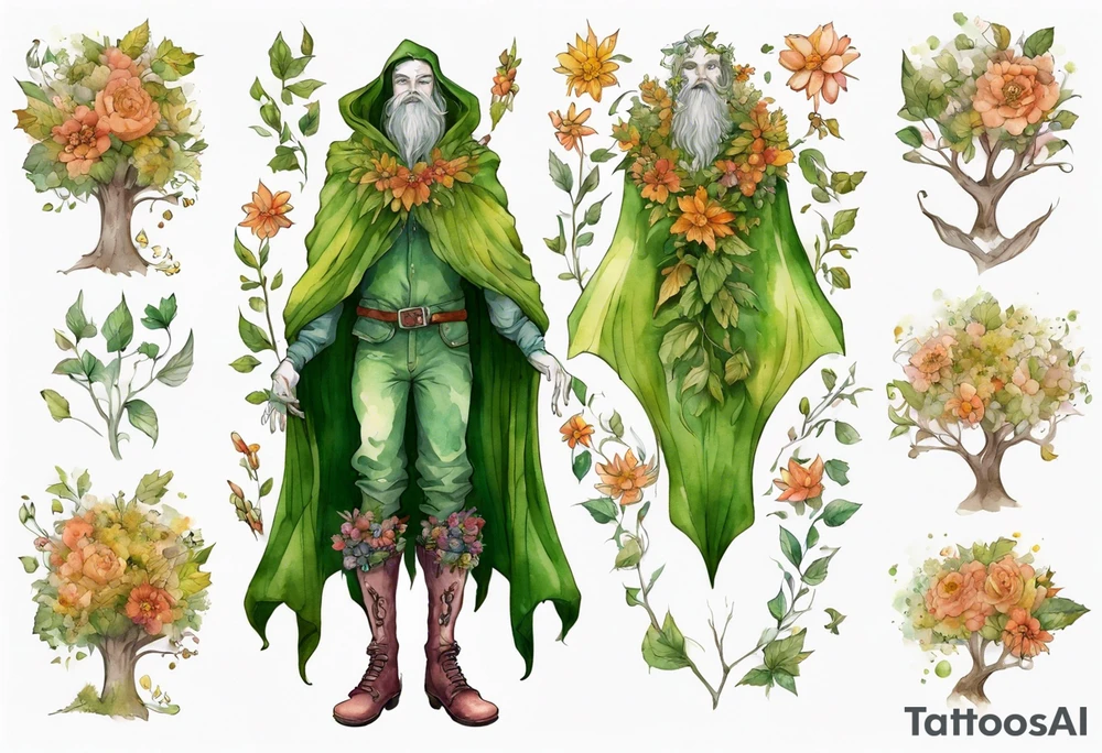 A tall, beautiful tree-man hybrid with flower hair and a cloak made of leaves. Wearing floral medieval boots. Singing. tattoo idea