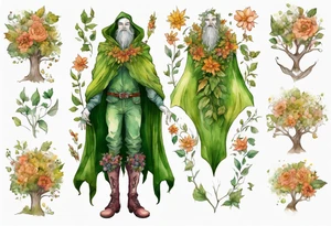 A tall, beautiful tree-man hybrid with flower hair and a cloak made of leaves. Wearing floral medieval boots. Singing. tattoo idea