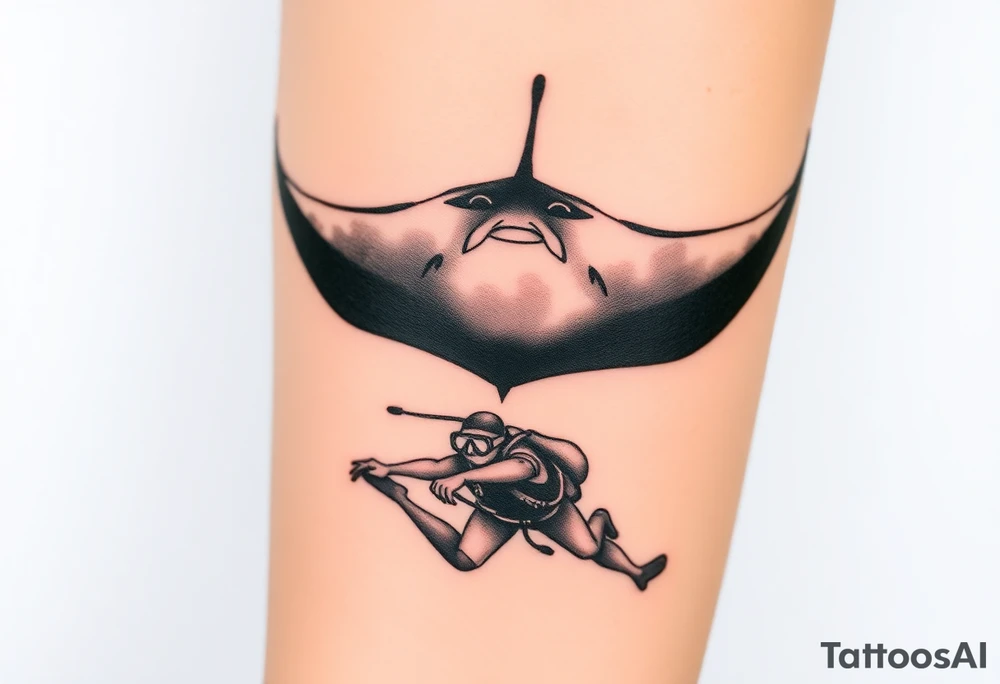 Manta ray silhouette above, scuba diver underneath, water background tattoo idea