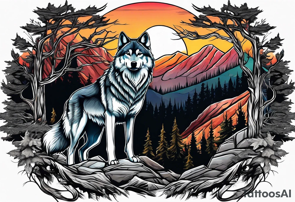 Wolves spouses
Dark woods
Mountains
Sunset tattoo idea