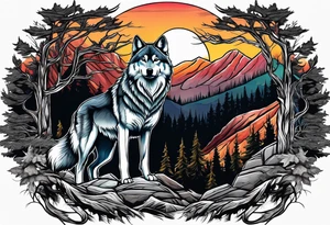 Wolves spouses
Dark woods
Mountains
Sunset tattoo idea
