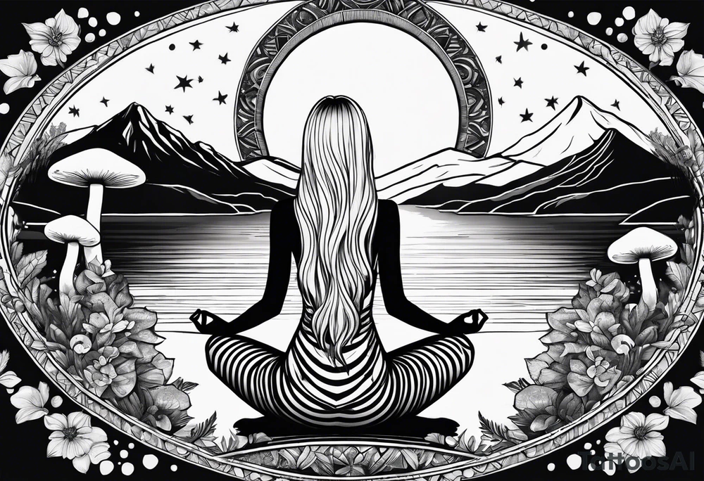 Straight blonde hair girl meditating facing away toward mountains surrounded by mushrooms crescent moon mandala circular design black and white striped dress tattoo idea