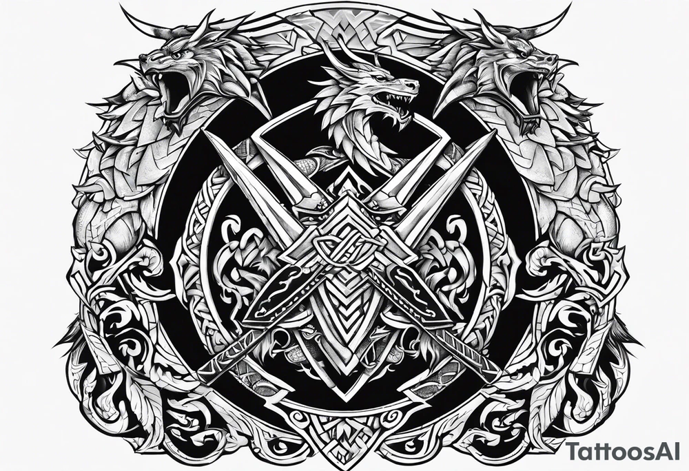 Valhalla sword shield dragon axe Valknut tattoo idea