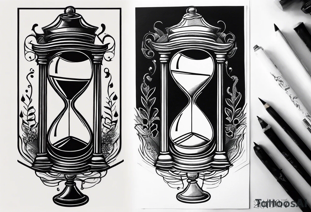 a tattoo mixing a clock integrated with an hourglass an hourglass in black and white where the year 1979 appears. on the amount of the hourglass tattoo idea