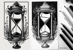 a tattoo mixing a clock integrated with an hourglass an hourglass in black and white where the year 1979 appears. on the amount of the hourglass tattoo idea