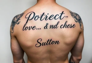 Full sleeve with the words, protect, love, and cherish. With my daughters name “Sutton” and her birthday May 30th 2023 tattoo idea