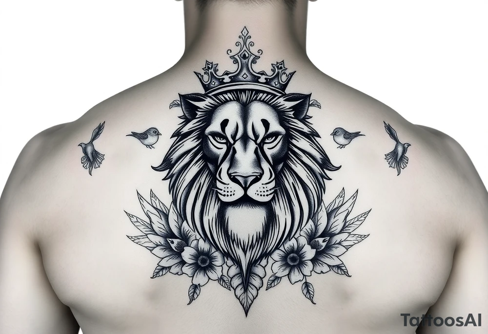 powerful majestic lion with a crown, surrounded by floral ornaments and birds tattoo idea