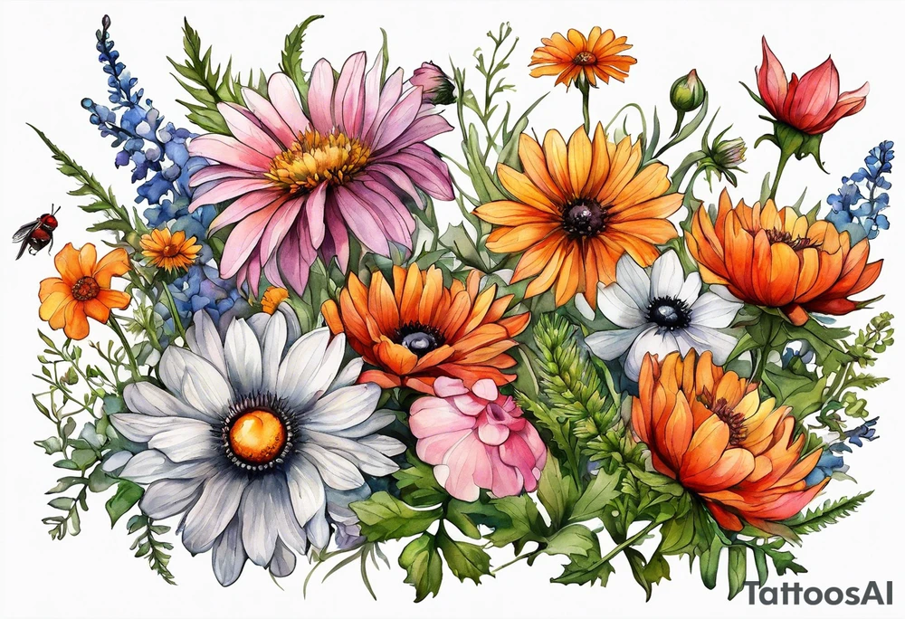 wildflowers with thistles, ferns, white anemones, sun flowers, orange flowers, pink flowers, red flowers, babys breath and daisies all in watercolor tattoo idea