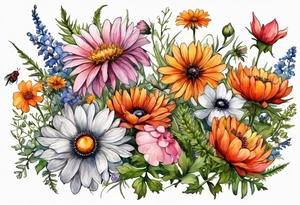 wildflowers with thistles, ferns, white anemones, sun flowers, orange flowers, pink flowers, red flowers, babys breath and daisies all in watercolor tattoo idea