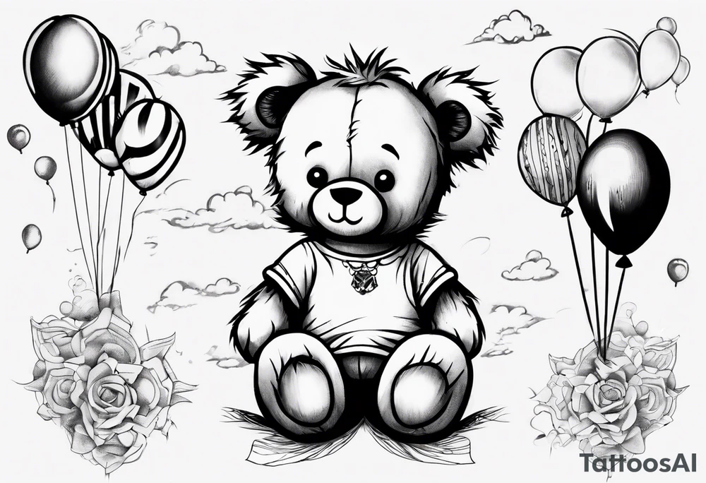 Scruffy teddy bear holding on to balloons and wearing a T-shirt going up to the sky tattoo idea