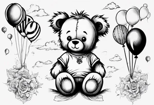 Scruffy teddy bear holding on to balloons and wearing a T-shirt going up to the sky tattoo idea