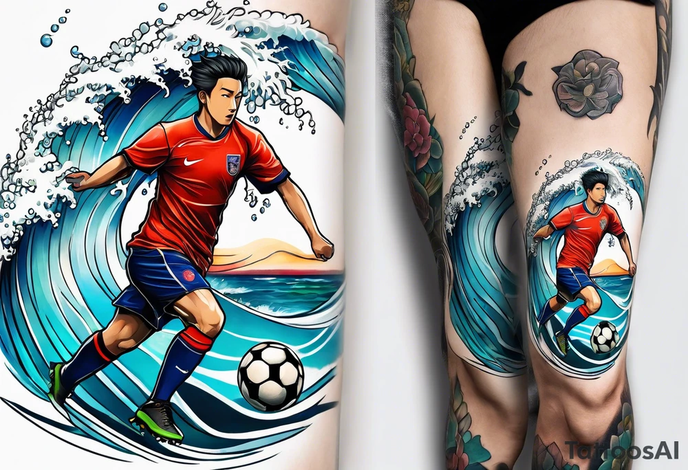 playing soccer and ocean combination tattoo idea