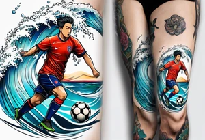 playing soccer and ocean combination tattoo idea