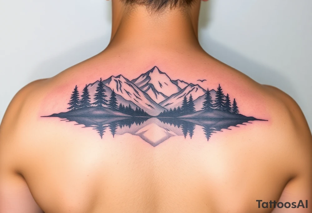 A colorful vignette with a lake and mountains with trees tattoo idea