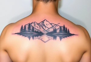 A colorful vignette with a lake and mountains with trees tattoo idea