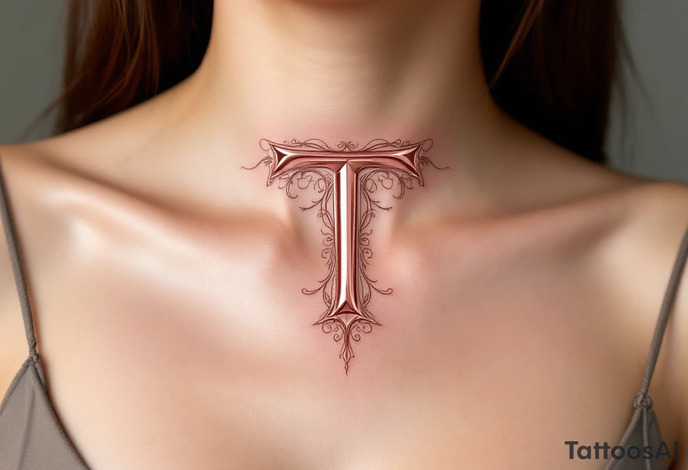 A sleek modern "T" in blush pink with a chrome-like metallic finish. tattoo idea