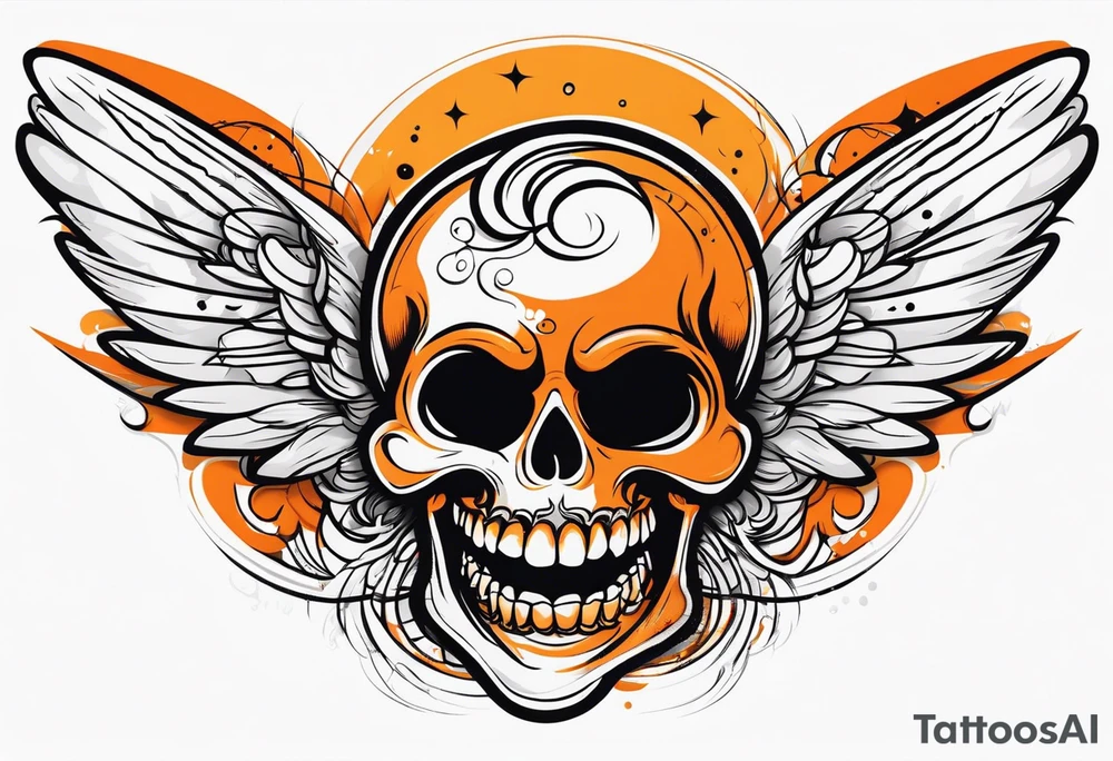 Angel skull laughing black and orange tattoo idea