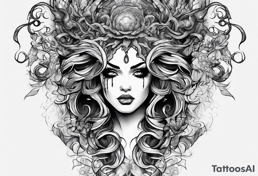 medusa tattoo with cracks in her face and blood oozing out her eyes tattoo idea
