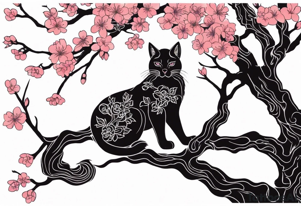 cherry blossom branch meeting with a dying pine tree with hidden cute demon cat tattoo idea