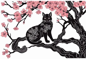 cherry blossom branch meeting with a dying pine tree with hidden cute demon cat tattoo idea