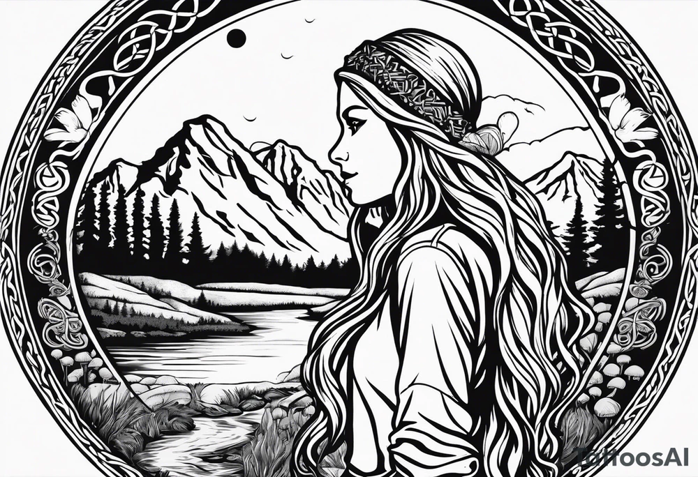 Whole picture encircled fully

Straight long blonde hair hippie girl in distance holding mushrooms in hand facing away toward mountains and creek surrounded by mushrooms long sleeve shirt and hiking pants; whole rendering within a full celtic circle border, no cut off circle tattoo idea