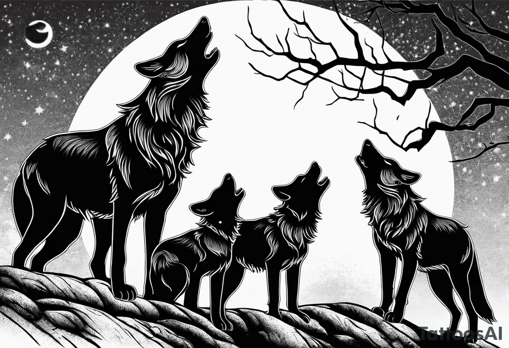 Wolfs and cubs howling at moon tattoo idea