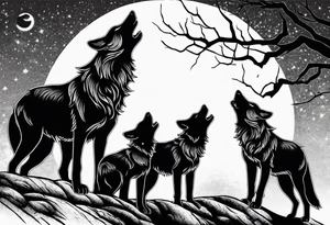 Wolfs and cubs howling at moon tattoo idea