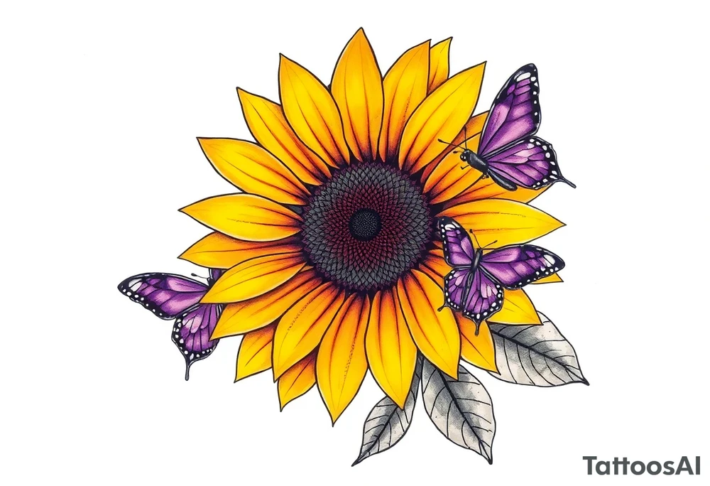 Sunflower with purple butterflies on side tattoo idea