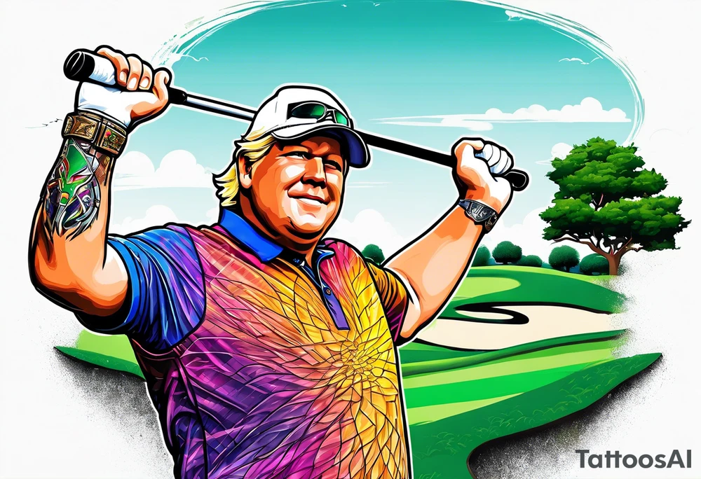 Golfer John Daly wearing the Infinity Gauntlet on one hand and holding a putter on the other hand on the 18th hole of the Masters. tattoo idea
