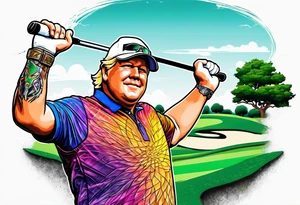 Golfer John Daly wearing the Infinity Gauntlet on one hand and holding a putter on the other hand on the 18th hole of the Masters. tattoo idea